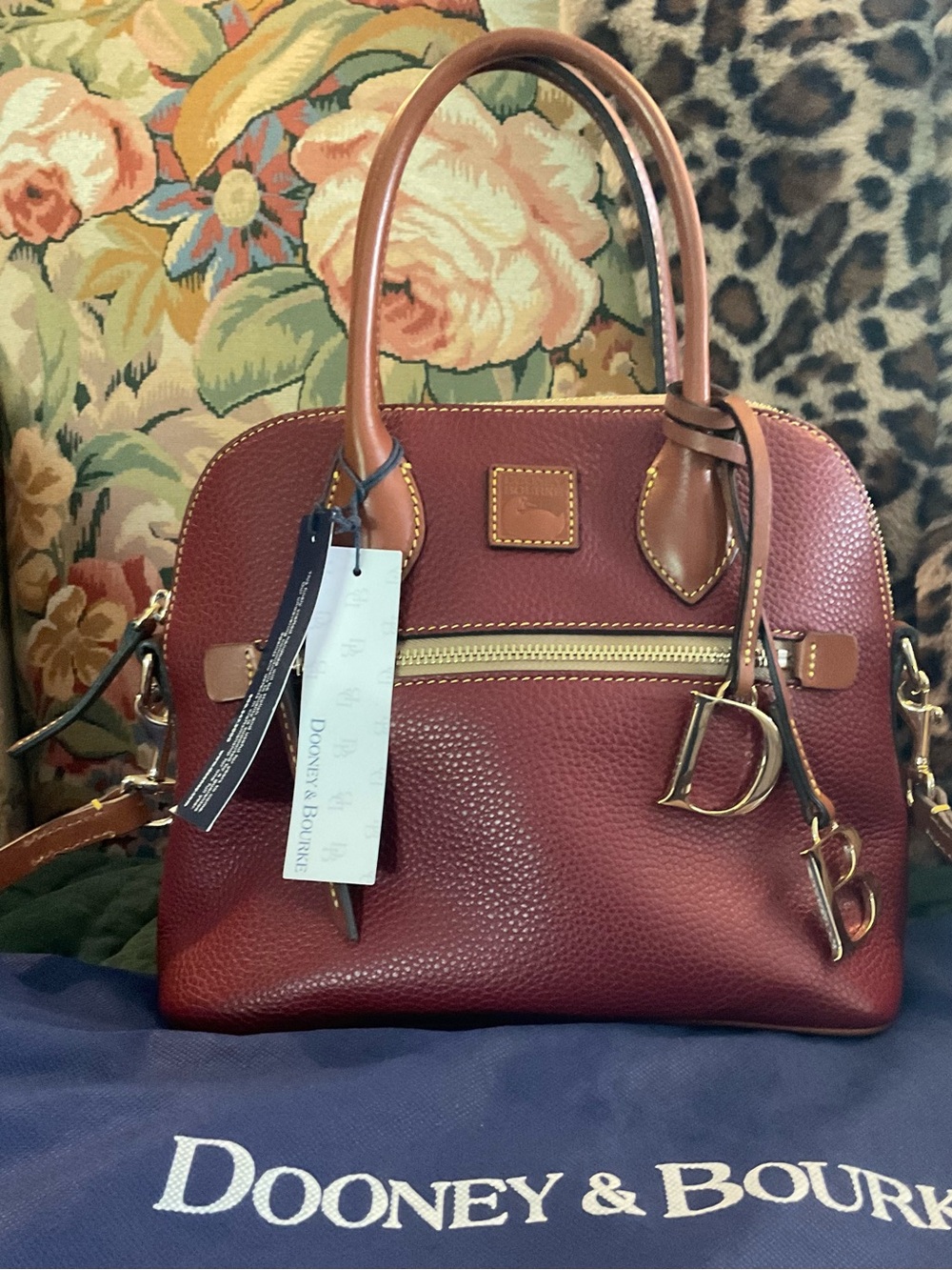 Dooney & Bourke Burgundy Pebble Leather Dome Satchel with Tan Trim